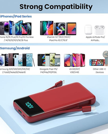 FOCHEW Portable Charger for iPhone with Built in Cables and Wall Plug,Upgraded 13800mAh Fast Charging USB C Power Bank,4 Outputs Travel Essential Battery Pack Compatible with iPhone 15/14/13/12,-Red