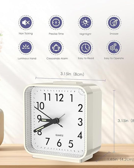 OQIMAX Analog Alarm Clocks, Non Ticking Table Clock with Luminous Hand & Large Display, Battery Powered Silent Bedside Alarm Clock with Night Light Function & Snooze, for Bedroom, Office (White)