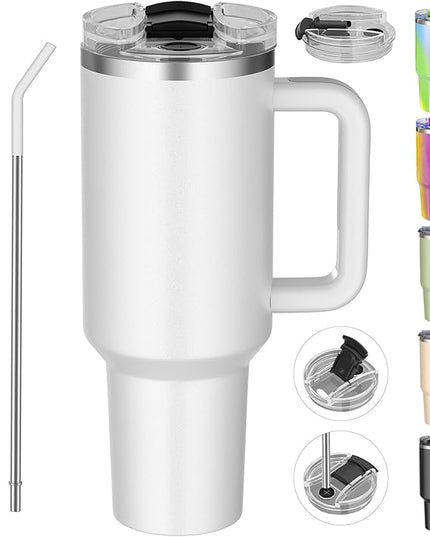 40 oz tumbler with handle and straw,Double Wall Vacuum Reusable Stainless Steel Insulated Water Bottle,With Leak Proof lid and Straw for Iced or Cold Beverages (White)