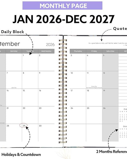 2026-2027 Monthly Planner, 24 Months Calendar Planner January 2026 - December 2027 Monthly Calendar with Elastic Band, Inner Pocket for Home School Office Supplies, Blue Flower