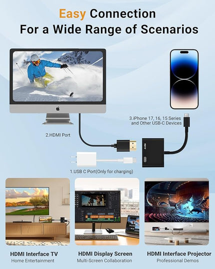 USB C to HDMI Adapter, Type C to 4K HDMI Adapter with 100W PD Multiport Digital AV Converter for MacBook Pro/air, iPad Pro/air, iPhone 15/16/17, Tablets, Switch and More USB-C Devices