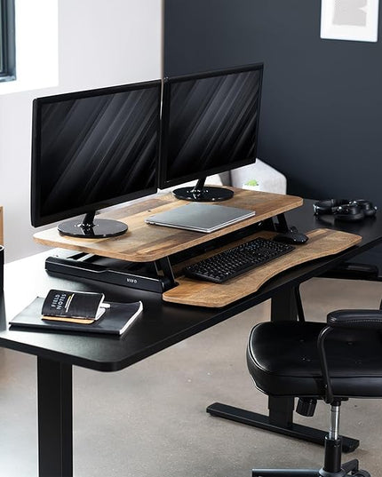 VIVO 36 inch Desk Converter, K Series, Height Adjustable Sit to Stand Riser, Dual Monitor and Laptop Workstation with Wide Keyboard Tray, Reclaimed Wood Top, Black Frame, DESK-V036KP