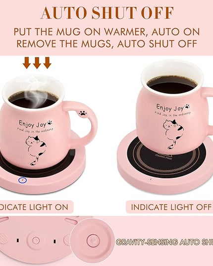 Coffee Mug Warmer, Cute Cat Mug Set, Coffee Cup Warmer for Desk, Gifts for Women, Pink Heated Coffee Warmer for Mom Home Office Christmas Birthday Gifts