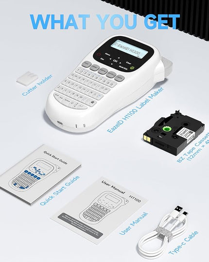 Label Maker Waterproof-Labels, Handheld Label Maker Machine with-Tape 12mm 0.47 Laminated White, Backlit Screen Multiple Fonts & Symbols, Portable Keyboard Labeler for Home Office School Use, H1100