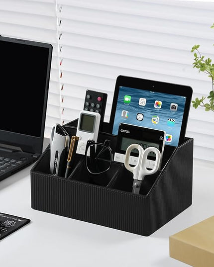 Cretkhp Remote Control Holder with 5 Compartments for Office Art Supplies, PU Leather Nightstand Organizer Pencil Pen Desk Caddy for Home, Desktop TV Remote Control Organizer Storage (Striped Black)