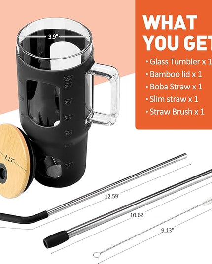 Glass Tumbler with Lid, 32 oz Glass Cup with Handle, Glass Water Bottles with Time Marker, 2 Straws - Pearl Straw & Silicone Protective Sleeve - Black