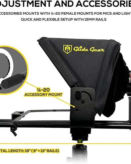 Glide Gear TMP 500 Teleprompter – DSLR, Tablet, Smartphone – 12" Glass, 15mm Rails, Hard Case, No Assembly