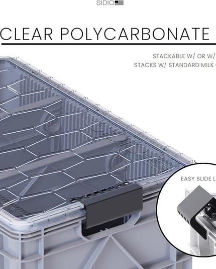 SIDIO CRATE Pro Pack - Two Full Size and One Half Size Heavy Duty Stackable Storage Bins, Totes, Containers with Lids and Dividers - Durable Organizer for Home, Office, Garage, and Outdoor Use - Gray
