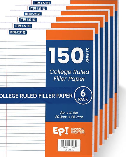 EPI Filler Paper | College Ruled | Loose Leaf, 3-Hole Punched, 10.5 x 8 in, 150 Sheets | School, Office, Notes, Binder Refill - 6 Pack