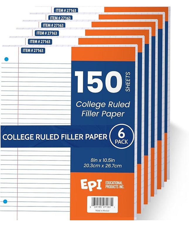 EPI Filler Paper | College Ruled | Loose Leaf, 3-Hole Punched, 10.5 x 8 in, 150 Sheets | School, Office, Notes, Binder Refill - 6 Pack