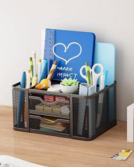 Marbrasse Mesh Desk Organizer, Pen Organizer with 2 Drawer, Multi-Functional Pencil Holder, Desk Organizers and Accessories with 5 Compartments + Drawer for Office Art Supplies (Black)