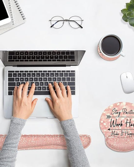 Britimes Pink Rose Gold Ergonomic Mouse Pad Set with Wrist Rest Non-Slip Rubber Base Wrist Cushion Support and Coasters Mousepad with Wrist Support for Computer Keyboard and Desk