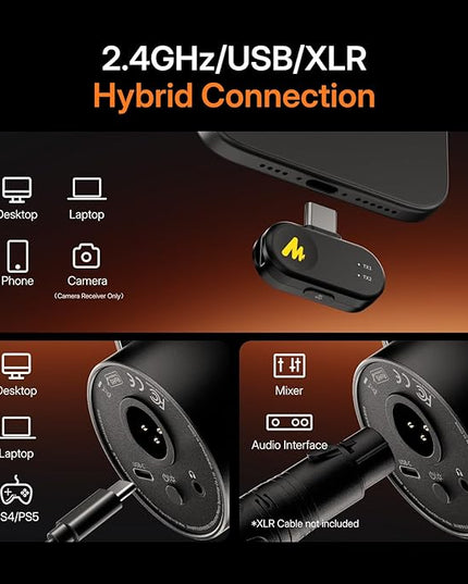 MAONO PD200W Hybrid Wireless Podcast Microphone for PC, XLR USB Dynamic Mic Kit with Boom Arm, Software, Noise Cancellation, for Vocal Recording, Streaming, Content Creation, Home Studio, Voiceover