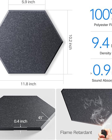 16 Pack Self-Adhesive Acoustic Panels 12" X 10" X 0.4" - Sound Proof Foam Panels for Wall with High Density, Hexagon Design, Flame Resistant, Absorb Noise and Eliminate Echoes(Dark Gray)