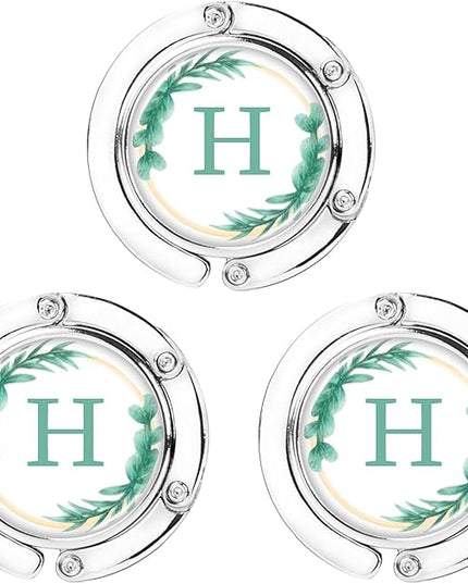 Iqimott 3pcs Personalized Initial Foldable Purse Hook for Table, Flower Letter Folding Handbag Hanger Portable Magnet Table Hook Holder, Collection Desk Purse Hooks for Women Bag (Green-H)