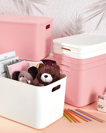 Hoolerry 8 Pieces Colorful Storage Bins with Lid, Plastic Storage Basket Organizing Container Stackable Box with Handle for Shelves Desktop Playroom Office(9.8 x 7.1 x 6.3 Inch,White and Pink)