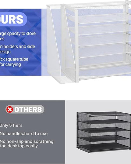 Simple Trending 6 Tier Desk File Organizer, Paper Letter Tray Organizer with File Holder and Pen Container, White