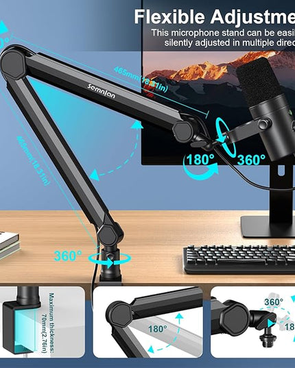 LM08 Mic Arm Stand, 360° Microphone Stand with Cable Management Channels, Desk Clamp, Thread Adapter, Fully Adjustable Built Podcast Mic Boom Arm for Streaming Gaming Recording Black