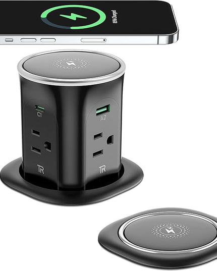 Jgstkcity Pop Up Countertop Outlet Recessed Power Strip with 15W Wireless Charger,45W USB C,3.15 inch Desk Hole,Ideal for Kitchen Island & Conference Table Receptacle (Black, 6FT-45W USB Ports)