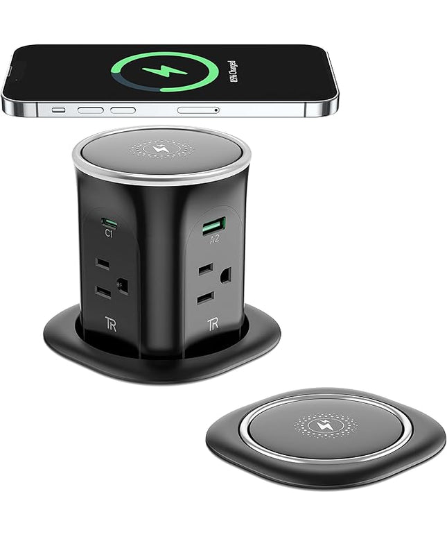 Jgstkcity Pop Up Countertop Outlet Recessed Power Strip with 15W Wireless Charger,45W USB C,3.15 inch Desk Hole,Ideal for Kitchen Island & Conference Table Receptacle (Black, 6FT-45W USB Ports)