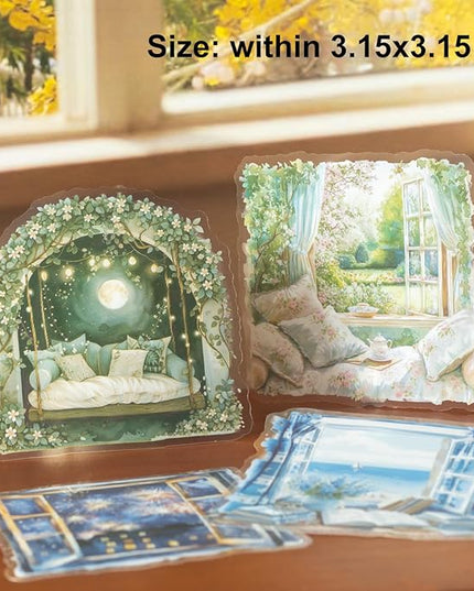 AuriicLeaf Window Scenery PET Sticker Set, 60Pcs Large Landscape Stickers for Scrapbooking, Journaling, Junk Journal Supplies, and DIY Crafts