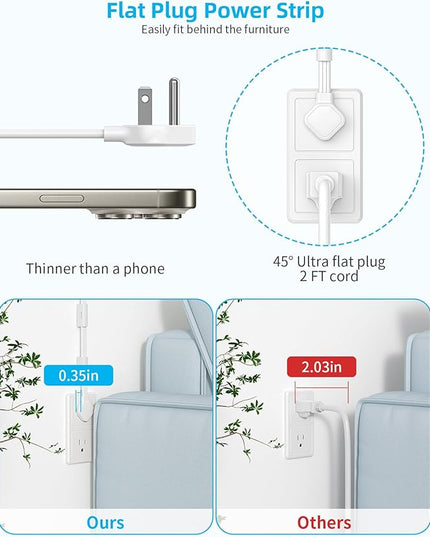 Short Power Strip 2FT - Flat Wall Extension Cord with 4AC Outlet and 3 USB Ports(1 Type C), Multi Plug Outlet Extender Small Surge Protector for Home Office Dorm, White