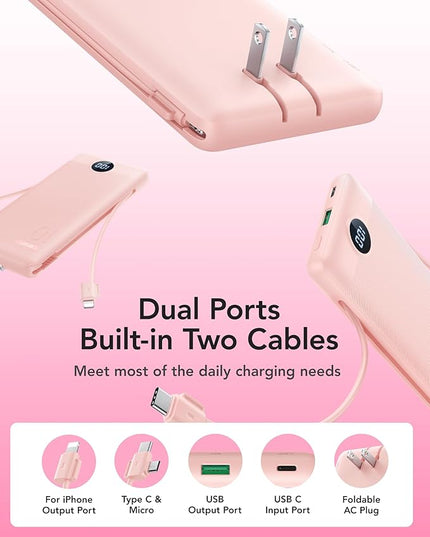 VRURC Portable Charger Power Bank with Wall Plug, 10000mAh Portable Charger with Built in Cables, PD 20W Fast Charging Portable Charger with Cords External Charger Travel Accessories-Pink(1 Pack)