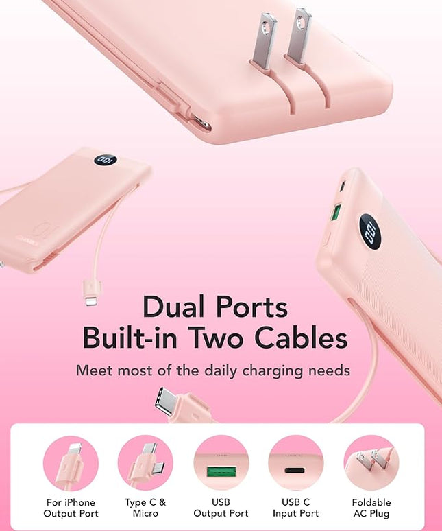 VRURC Portable Charger Power Bank with Wall Plug, 10000mAh Portable Charger with Built in Cables, PD 20W Fast Charging Portable Charger with Cords External Charger Travel Accessories-Pink(1 Pack)