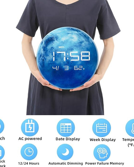13" Digital Wall Clock with LED Display, Calendar & Temperature, Automatic Dimming, 12/24hr Format, Wall & Desk Use - HUI-7862