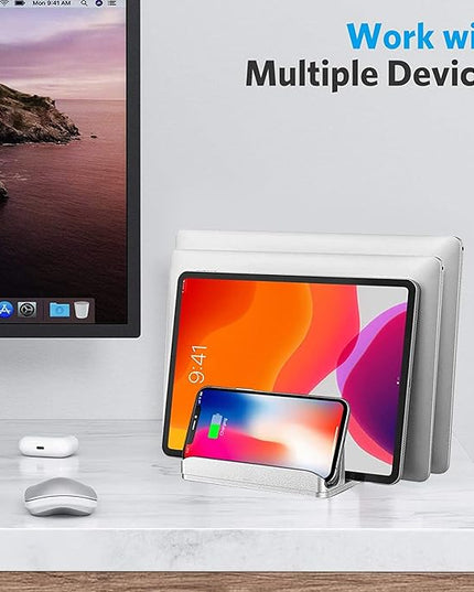 Vertical Laptop Stand [Updated Version],3-Slot Space-Saving Aluminum Desktop Stand Holder with Adjustable Dock Size Compatible for All MacBook/HP/Dell/Surface/Samsung/Chrome Book(Silver)