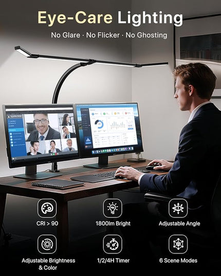 ONEMIX 42" LED Desk Lamp with Clamp, Architect Desk Light with Remote, Adjustable 4-Segment Bar, 1800LM Bright, Eye-Caring Desk Lamp for Home Office, Reading, Study, Dual Monitors, Workbench (Black)