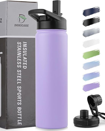 DOMICARE Insulated Water Bottle, 22 oz Vacuum Insulated Stainless Steel Reusable Sports Bottle with Straw Lid & Spout Lid for Travel, Camping, Bike, Leakproof, Purple, 1 Pack