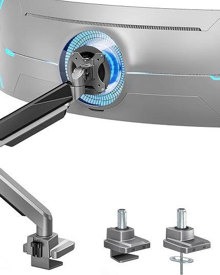 ARES WING Ultrawide Monitor Arm, Heavy Duty Single Monitor Mount for 13"-49" Curved Screens, Adjustable Stand for Desk with C-clamp & Grommet Base up to 40 LBS, Gray