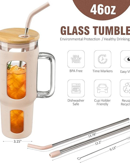 Glass Tumbler with Lid and Straw, 46 oz Iced Coffee Cup with Handle, Large Water Bottles with Silicone Sleeve, Glass Cup with Straws - Pearl Straw & Drinking Straw BPA Free-Amber