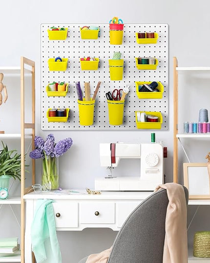 Roowest 60 Pcs Pegboard Cups Pegboard Bins Set, Wall Organizer with Hooks and Loops, Hooks Assortment Organizer Accessory for Office Storage Garage Craft Workshop(Yellow)