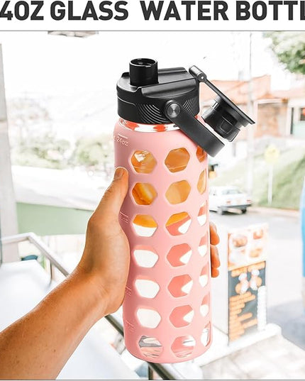 MUKOKO Glass Water Bottles, 24oz Glass Tumbler with Straw, Drinking Bottles with 2 Lids-Handle Spout Lid&Bamboo Straw Lid, Motivational Water Bottle with Time Marker and Silicone Sleeve, 1 Pack-Pink