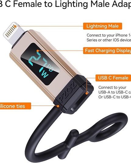 pzoz USB C to Lightning Adapter with LED Display, 27W Type C PD Fast Charging Lighting Adaptor for Phone 14/13/12/11/XS/XR/SE/AirPods, Fits MacBook Charger Cable, Support Data Transfer (1 Pack)