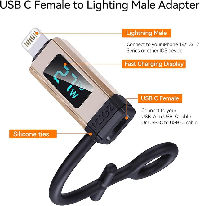 pzoz USB C to Lightning Adapter with LED Display, 27W Type C PD Fast Charging Lighting Adaptor for Phone 14/13/12/11/XS/XR/SE/AirPods, Fits MacBook Charger Cable, Support Data Transfer (2 Pack)