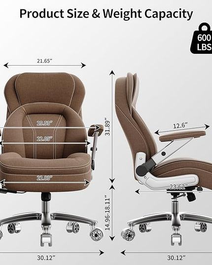 Big and Tall Office Chair, 600lbs Heavy Duty Desk Chair with 5D Arms, Adjustable Lumbar Support & Height, Tilt Function, Fabric High Back Ergonomic Executive Computer Chair with 3'' Casters