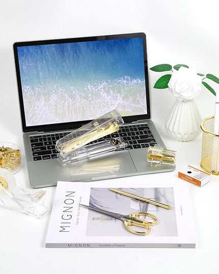 Gold Desk Accessories, Office Supplies Set with Acrylic Stapler, Tape Dispenser, Staple Remover, Pen Holder, Scissor, Binder Paper Clips, 1 Ballpoint Pen, 1 Clear Tape and 1000pcs Staples