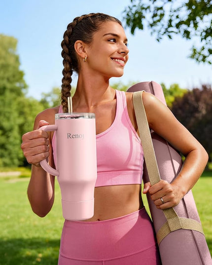 Renoj Tumbler with Handle 100% Spill Resistant Insulated Water Bottle for Iced Coffee & Hot Drinks - Fits Car Cup Holder, Ideal Gift, 2 Straws & Silicone Boot BPA-Free - FlexSlide Light Pink 32 oz