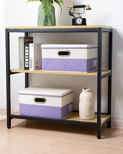 PRANDOM Collapsible Storage Bin with Lid [3-Pack] Fabric Foldable Storage Box Organizer Container Basket Cube with Cover for Home Bedroom Closet Office Nursery Purple&Cream(14.9x9.8x9.8)