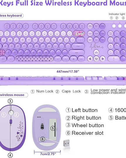 Wireless Keyboard and Mouse Combo, 104 Keys Cute Colorful Keyboard and Mouse with Retro Typewriter for PC/Mac/Laptop/Tablet/Computer/Windows Microsoft, Purple