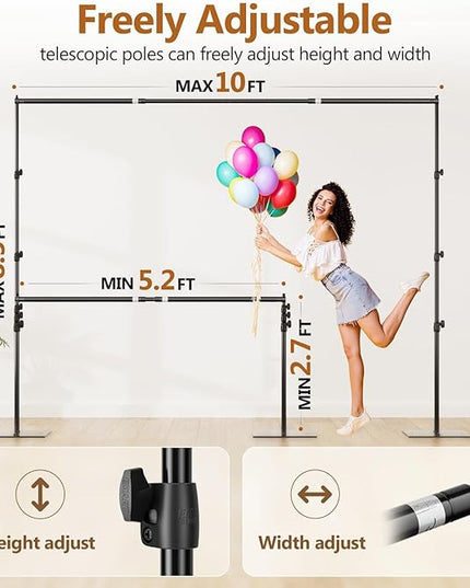 EMART Backdrop Stand, 8.5ft Height 10ft Width Adjustable Photography Background Support Poles with Heavy Duty Flat Base, Photo Metal Steel Pipe and Drape Frame Kit for Parties Birthday Wedding - Black