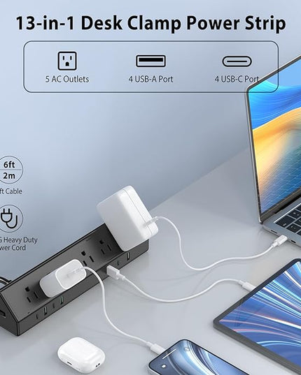 Jgstkcity Desk Clamp Power Strip,45W Fast Charging Station,4 USB-C,4 USB-A,Desk Mount Surge Protector,1875W Extension Cord with Multiple Outlets,ETL Listed,for Home Office Dorm Room