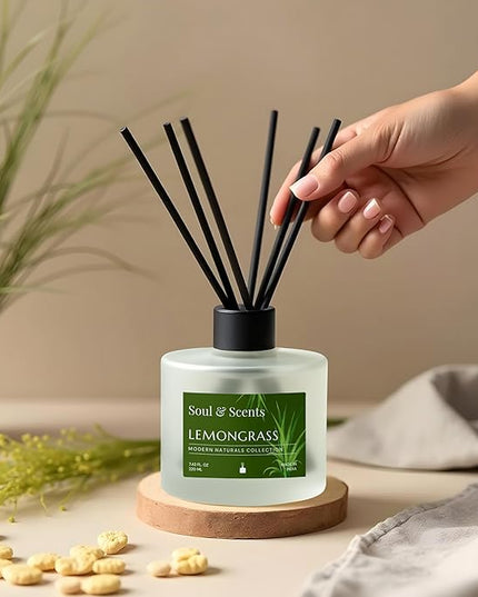 Soul & Scents Reed Diffuser Set – Lemongrass | 7.43 oz Refillable Scented Oil with 6 Fiber Sticks | Long-Lasting Home Fragrance & Air Freshener for Bedroom, Bathroom, Office | Gift & Décor Piece