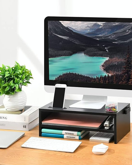 Marbrasse Monitor Stand Riser, 16.5 Inch 2 Tier Computer Printer Shelf Stand for Laptop Computer Screen Storage, Desktop Stand with Phone Holder and Cable Management Black