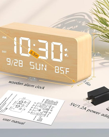 Fomobest Wooden Digital Alarm Clock for Bedroom -Desk Clock with Date, Day of Week, Temperature, Dual Alarms, Dimmer, USB Port Charge, DST, Adjustable Volume for Living Room/Office Wood Decor (Bamboo)