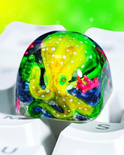 Green Octopus Artisan Keycap DOM Profile Custom Ocean Sea Creatures Keycaps 1U ESC Handmade Gaming Kraken Resin Key Cap Cherry MX Switch Compatible Mechanical Keyboard Octopus Lover Gift