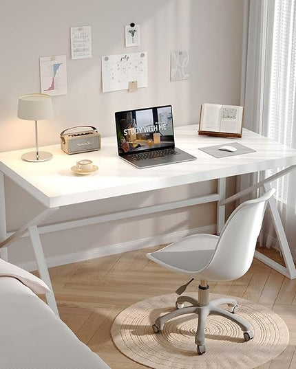 HSH White Computer Desk, Modern Wood Home Office Desk, PC Desk for Executive Work Writing Study Gaming Student Bedroom, Farmhouse Simple Wooden and Metal Computer Table Workstation, White Oak 55 Inch